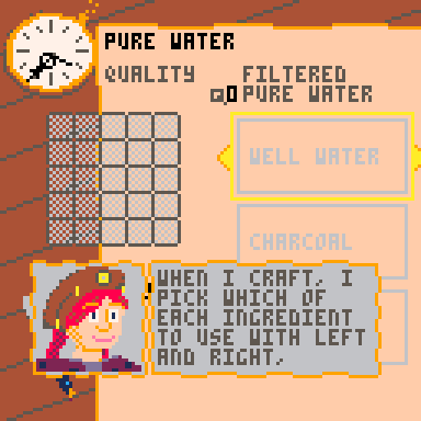 a screenshot showing Phoebe saying 'when i craft, i pick which of each ingredient to use with left and right,' above a workbench-like crafting interface